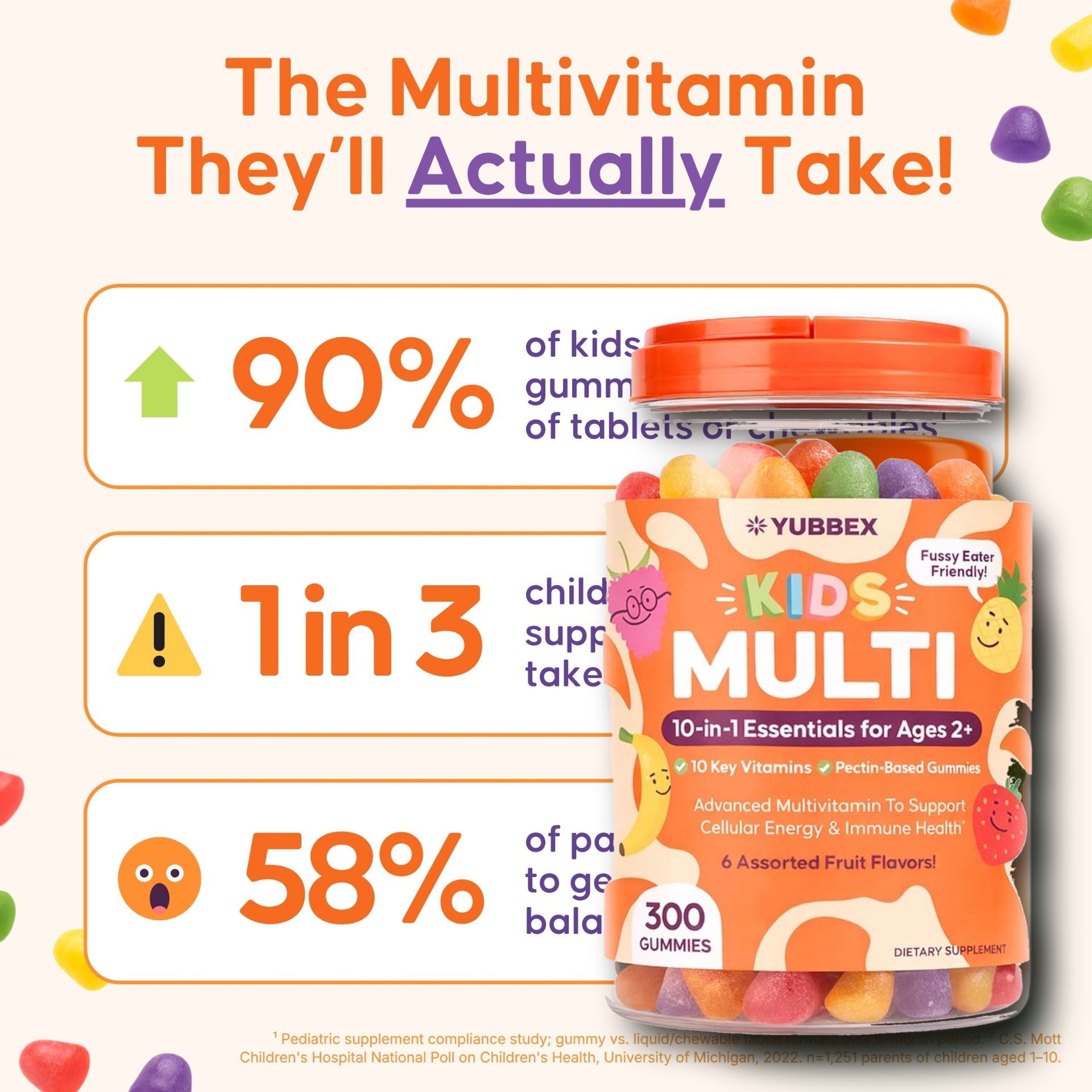 Original YUBBEX Kids Multi 300 delicious gummies kids will actually take
